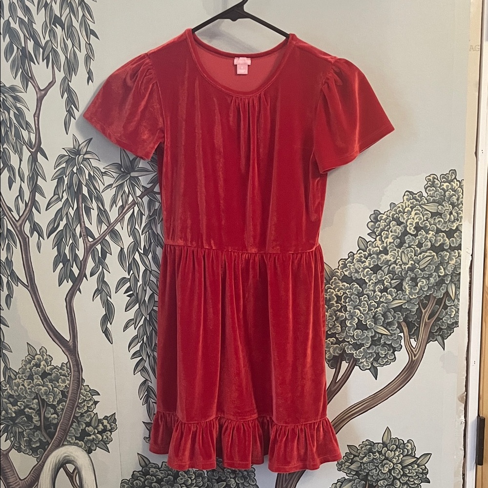 Girls' Red Velvet Ruffle Hem Dress, sz 8